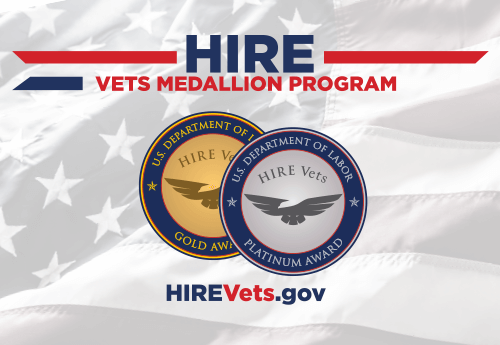 HIRE Vets Medallion Program logo. Two medals with HIREVets.gov