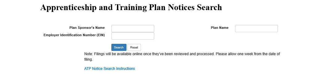 Apprenticeship and Training Plan Notice Search Instructions screenshot