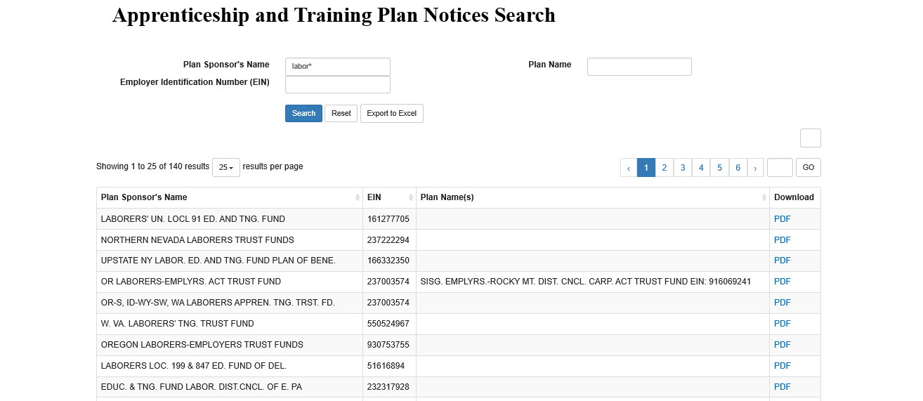 Apprenticeship and Training Plan Notice Search Instructions screenshot